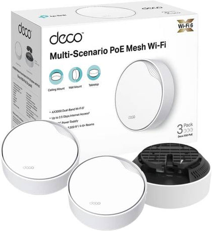 TP-Link Deco X50-PoE AX3000 Whole Home Mesh Wi-Fi 6 System with PoE, Dual-Band, AI-Driven Mesh, cover up to 6,500 ft2, Connect up to 150 devices, 1 0 GHz Dual-Core CPU, HomeShield, Pack of 3