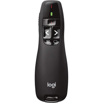 Logitech R400 Wireless Presentation Remote, 2.4 GHz, USB-Receiver, Red Laser Pointer, 15-Meter Operating Range, 6 Buttons, Intuitive Slideshow Control, Battery Indicator, PC - Black